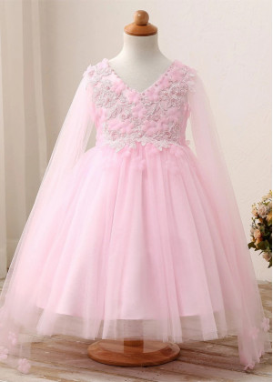 Long Sleeves Pink Pearl Embellished Flower Girl Dress